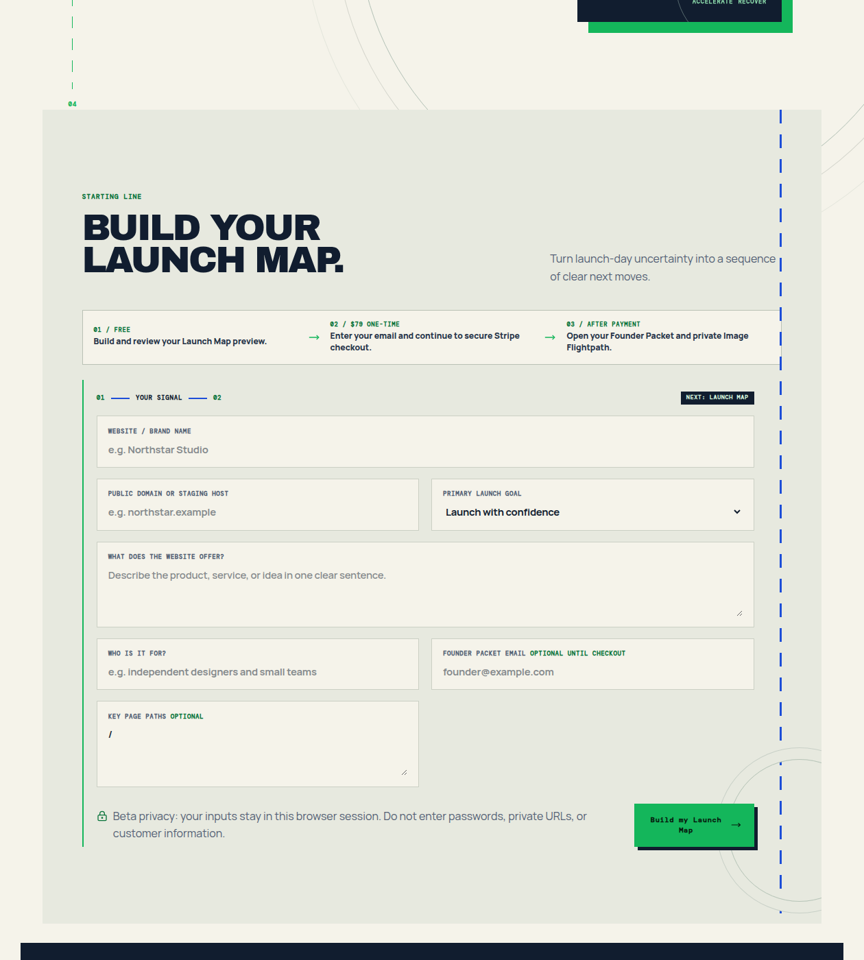 Status Is UP Launch Map interface showing public example fields, free preview flow and beta privacy warning.