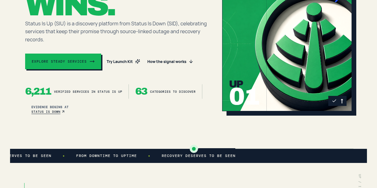 Status Is UP index showing its discovery entry point, live service and category totals, and evidence disclosure.